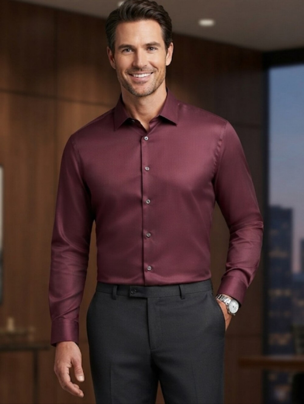 Calvin Klein Steel+ Men’s Burgundy Dress Shirt XL 17.5 32/33 Regular Fit